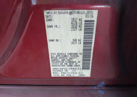 2016 Nissan Altima 2.5 Sl from USA, damaged, VIN 1N4AL3AP1GC194531